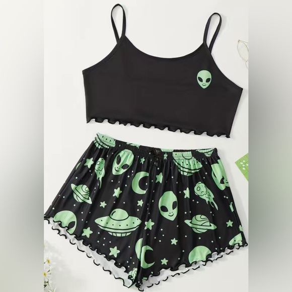 Other - Shorts and Cami Black and Green Alien Pajama Set